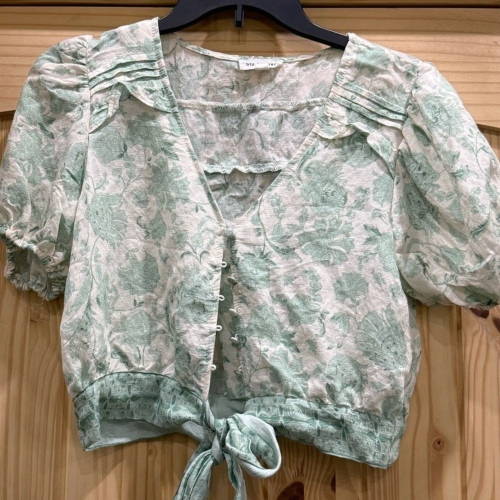 Blu Pepper Floral Tie Front Crop Top Sage‎ Green Puff Sleeve Blouse Size M